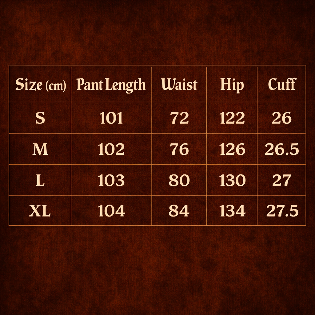 ARC DriftForm wide leg denim pants size chart showing waist hip cuff and pant length measurements