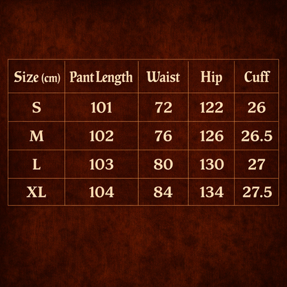 ARC DriftForm wide leg denim pants size chart showing waist hip cuff and pant length measurements