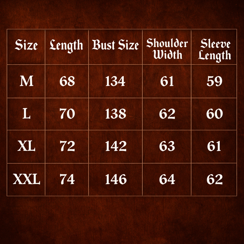 WarScript retro winter jacket size chart showing length, bust size, shoulder width and sleeve length for M, L, XL and XXL sizes