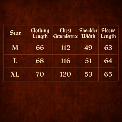 Cathedralink streetwear long sleeve shirt size chart showing clothing length, chest circumference, shoulder width and sleeve length for M, L and XL sizes