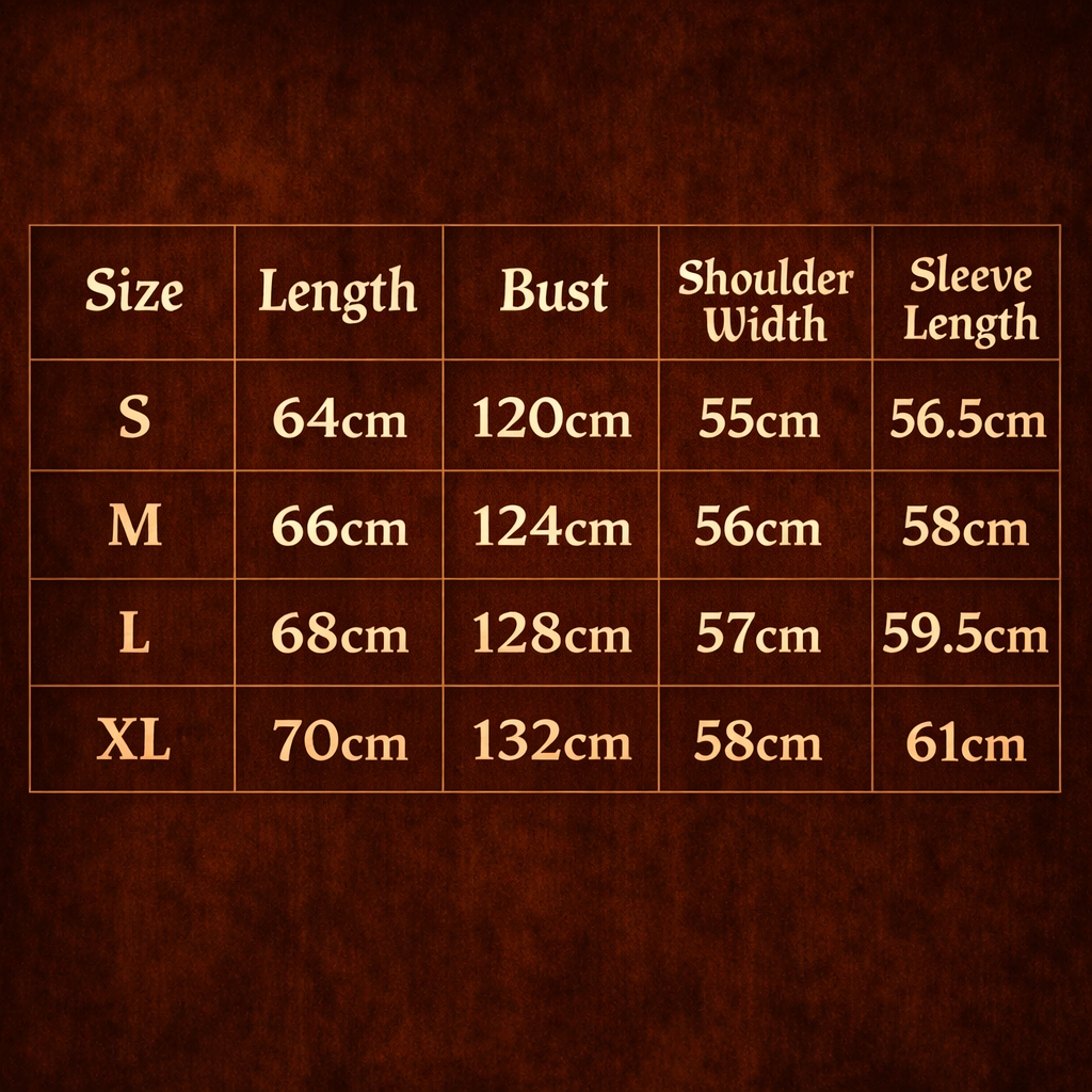 ARC FrostCross streetwear zip hoodie size chart showing length bust shoulder width and sleeve measurements