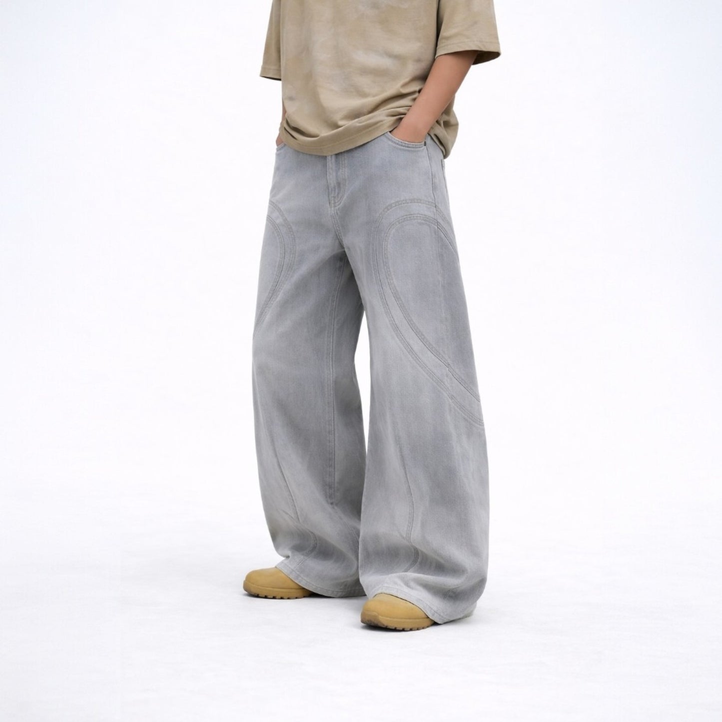 ARC MistEdge dirty white wide leg streetwear pants on model loose fit vintage washed denim style trousers