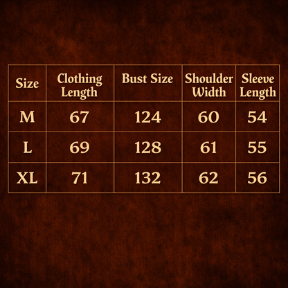 ARC NightDye streetwear jacket size chart showing clothing length bust shoulder width and sleeve length measurements