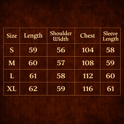 ARC ModRogue vintage brown streetwear jacket size chart showing length shoulder width chest and sleeve measurements