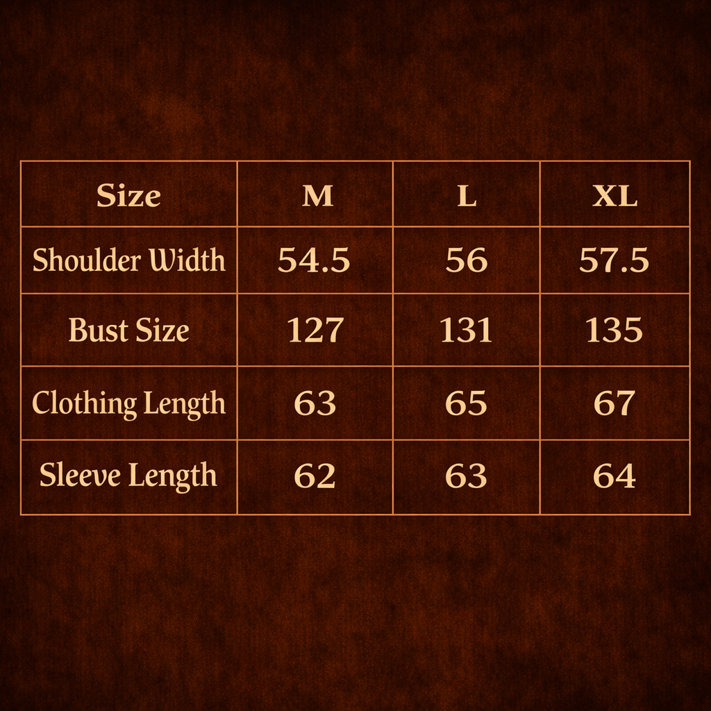 ARC BoxDrift streetwear jacket size chart showing shoulder width bust clothing length and sleeve measurements