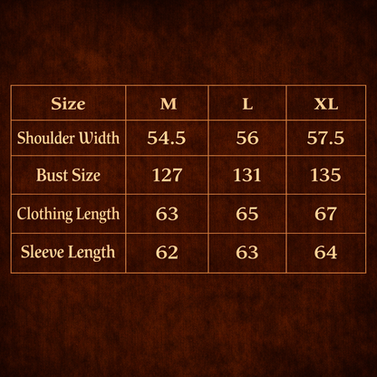 ARC BoxDrift streetwear jacket size chart showing shoulder width bust clothing length and sleeve measurements