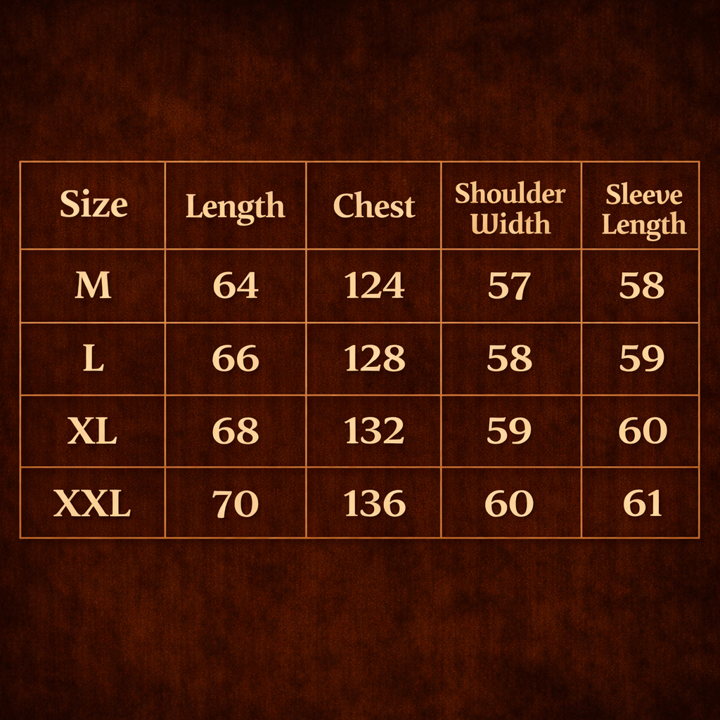 BlackSanctum gothic streetwear jacket size chart showing length chest shoulder and sleeve