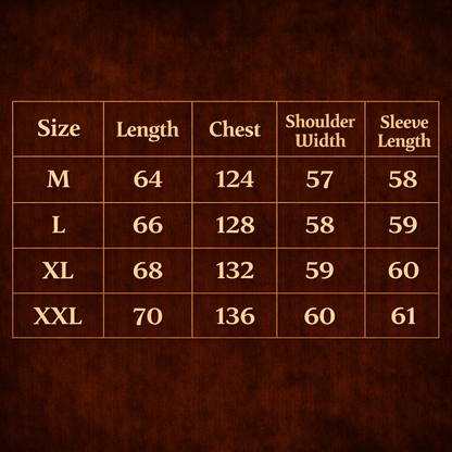 BlackSanctum gothic streetwear jacket size chart showing length chest shoulder and sleeve