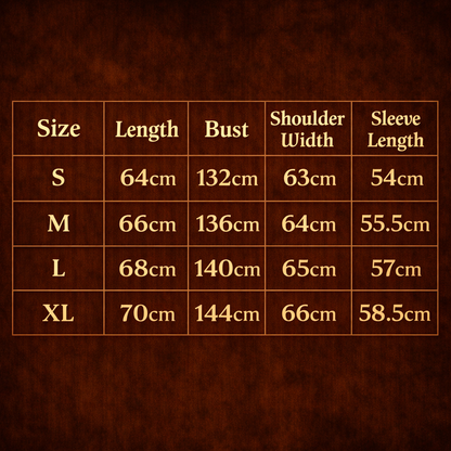 ARC DuneLock streetwear jacket size chart showing length bust shoulder width and sleeve measurements