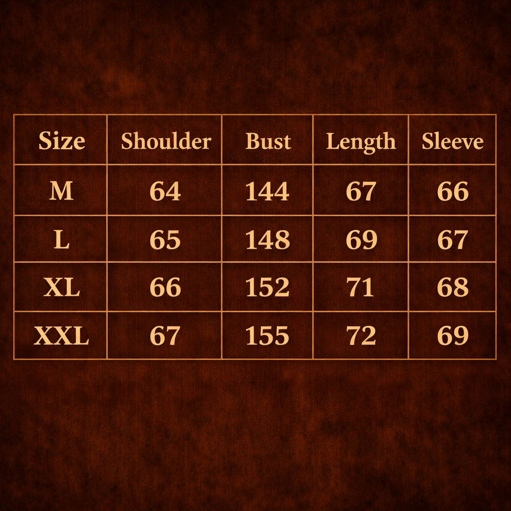 RuinForm retro flight jacket size chart showing shoulder bust length and sleeve measurements