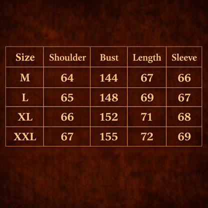 RuinForm retro flight jacket size chart showing shoulder bust length and sleeve measurements