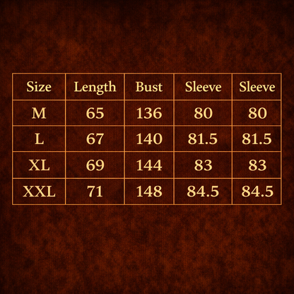 ARC CalmLayer winter jacket size chart showing length bust and sleeve measurements