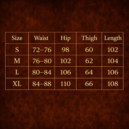 ARC BlockRogue streetwear pants size chart showing waist hip thigh and length measurements