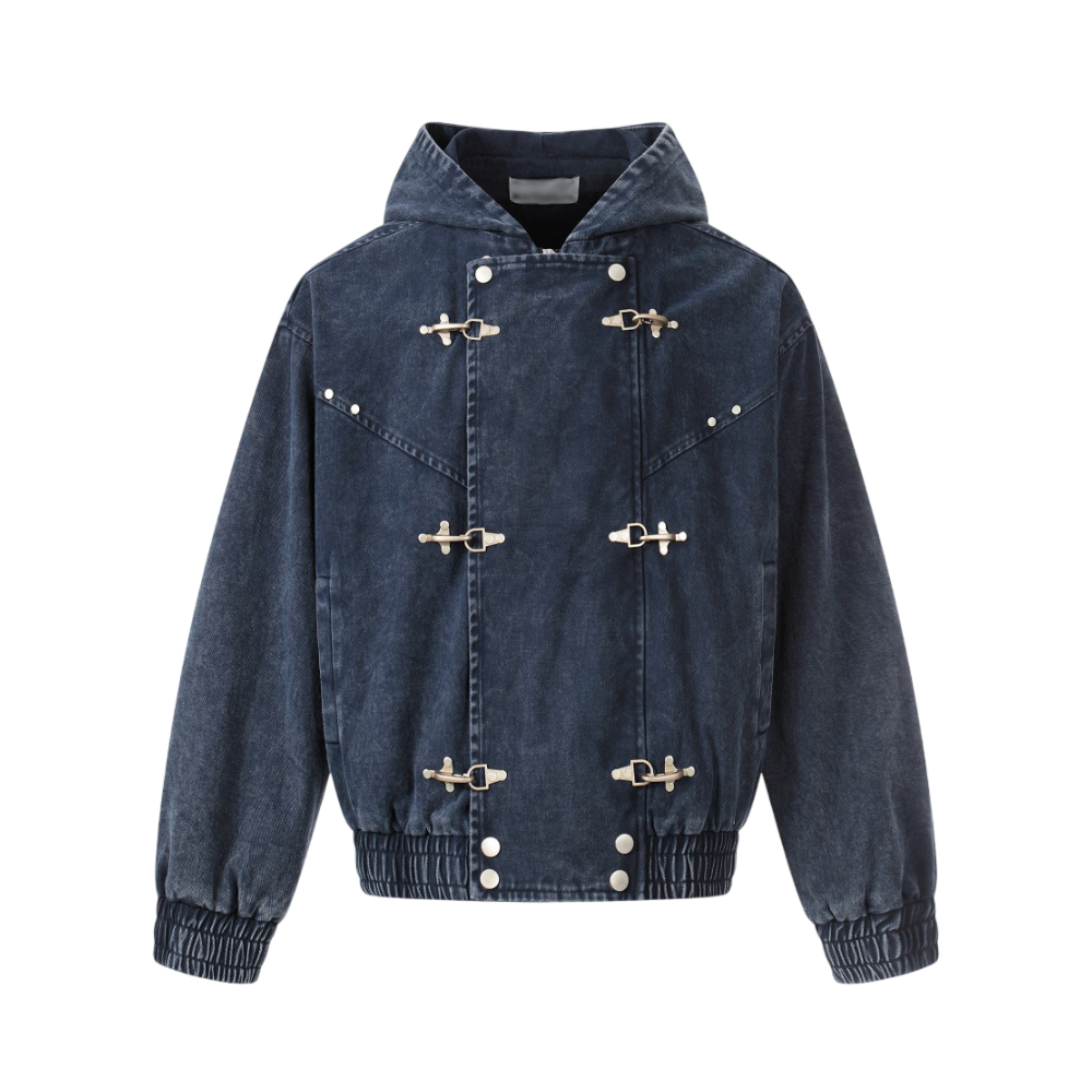 ARC DuneLock navy blue hooded street jacket front view with metal hook closures and loose silhouette