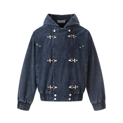 ARC DuneLock navy blue hooded street jacket front view with metal hook closures and loose silhouette