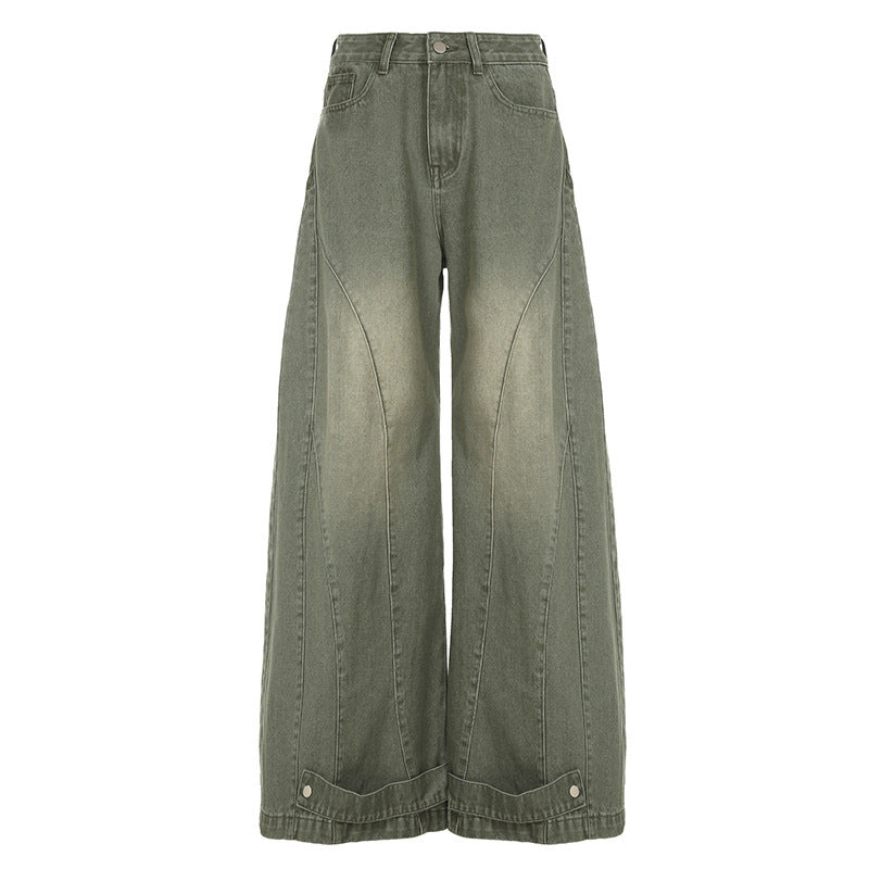 Street Style Green Flare Jeans – Water-Washed & Utility-Inspired