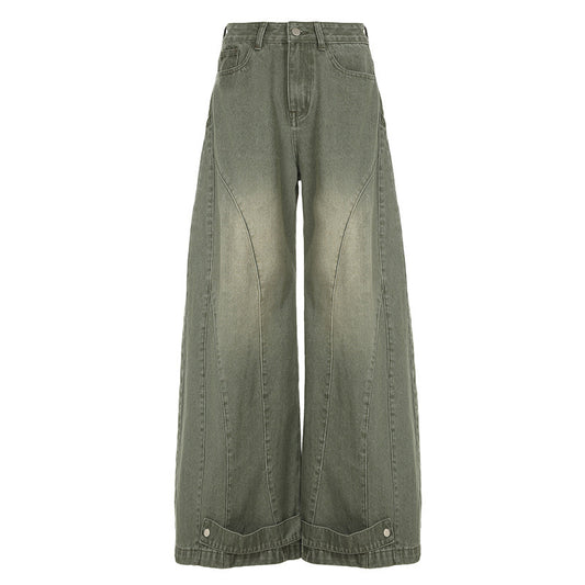 Street Style Green Flare Jeans – Water-Washed & Utility-Inspired