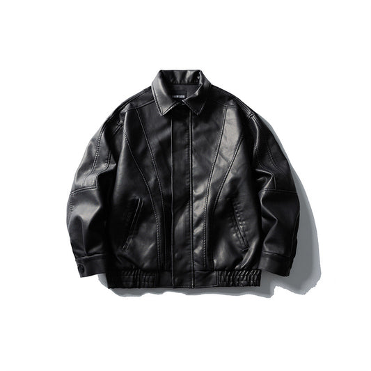 Casual Sand-Washed Heavy Work PU Leather Jacket Men and Women Motorcycle Jacket