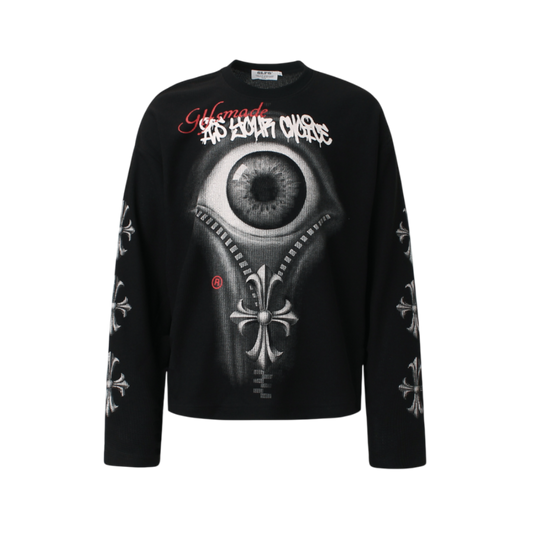 VoidVision black graphic long sleeve tee with eye illustration and gothic streetwear aesthetic