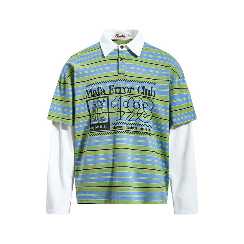 Green striped retro streetwear polo shirt with graphic print and flip collar