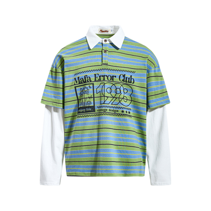 Green striped retro streetwear polo shirt with graphic print and flip collar