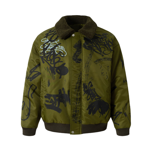 Combat olive retro streetwear winter jacket front view with graffiti print, flip collar and zip up design