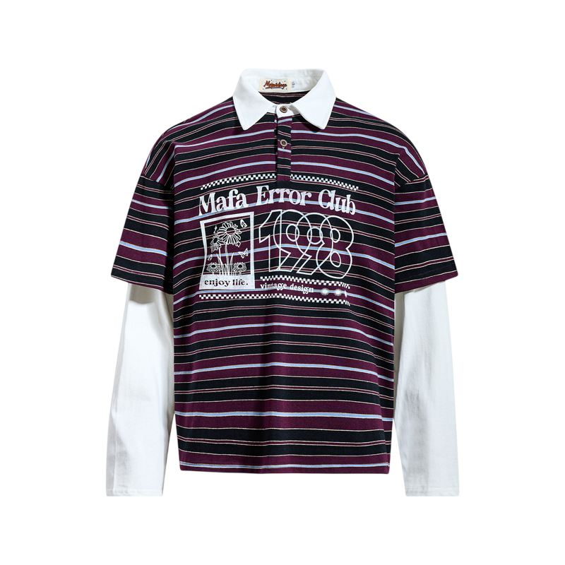 Purple striped retro streetwear polo shirt with graphic print and flip collar