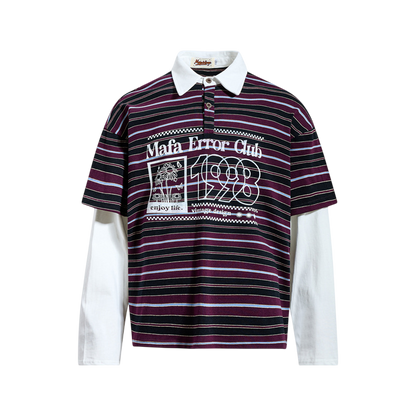 Purple striped retro streetwear polo shirt with graphic print and flip collar
