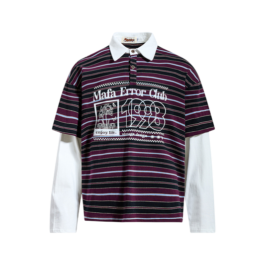 Purple striped retro streetwear polo shirt with graphic print and flip collar
