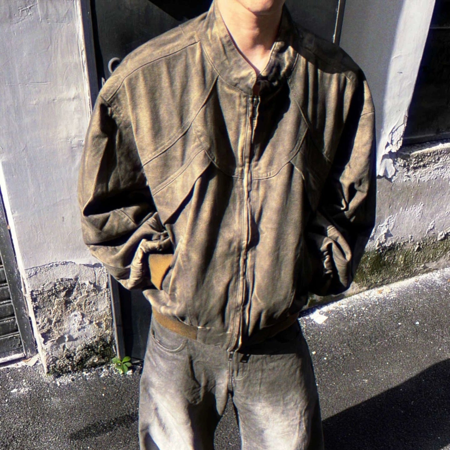 Street style outfit featuring ARC ModRogue vintage brown jacket with wide pants urban fashion aesthetic