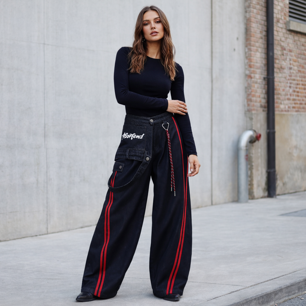 Woman wearing a black outfit with red accents standing on a street.