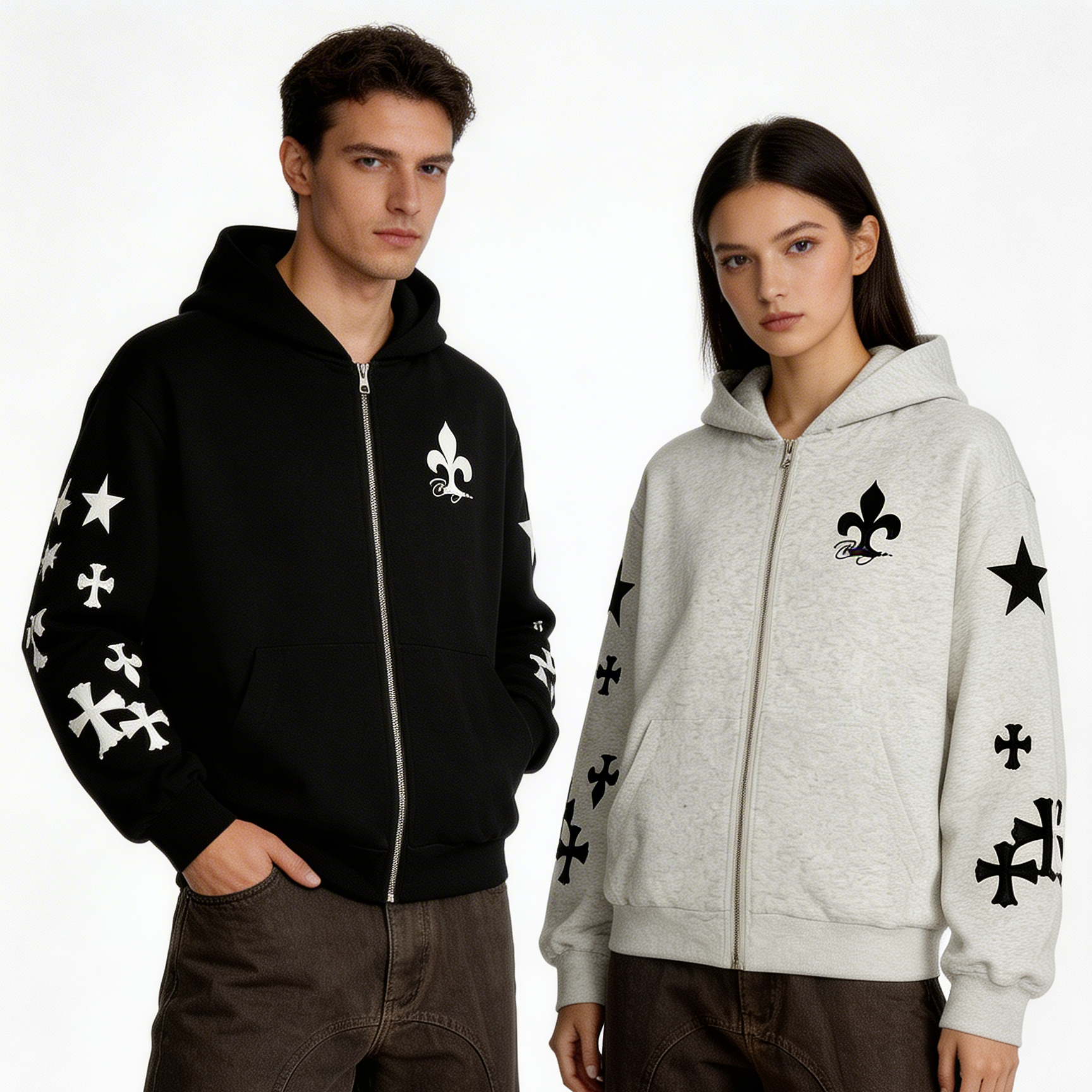 ARC FrostCross streetwear zip hoodie on male and female models black and gray hoodie with cross and star sleeve graphics