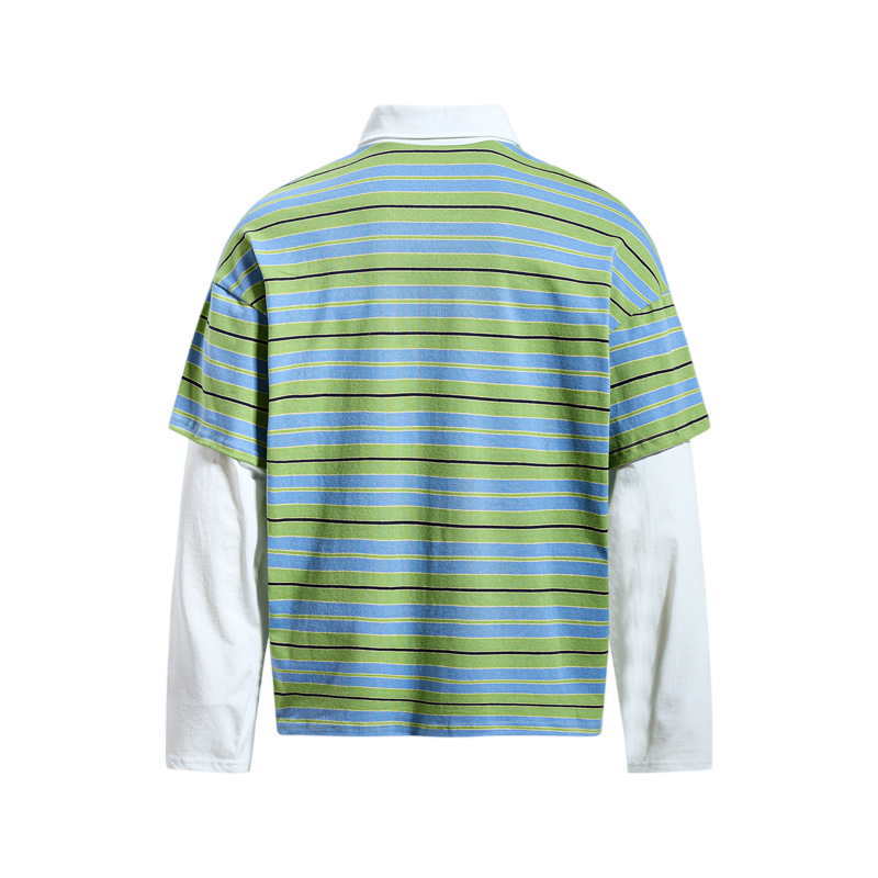 Green striped retro streetwear polo shirt back view with layered long sleeve design