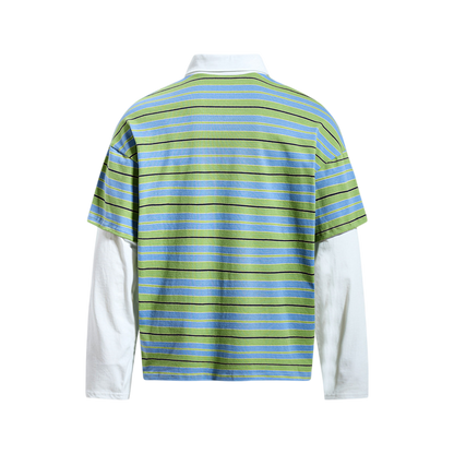 Green striped retro streetwear polo shirt back view with layered long sleeve design